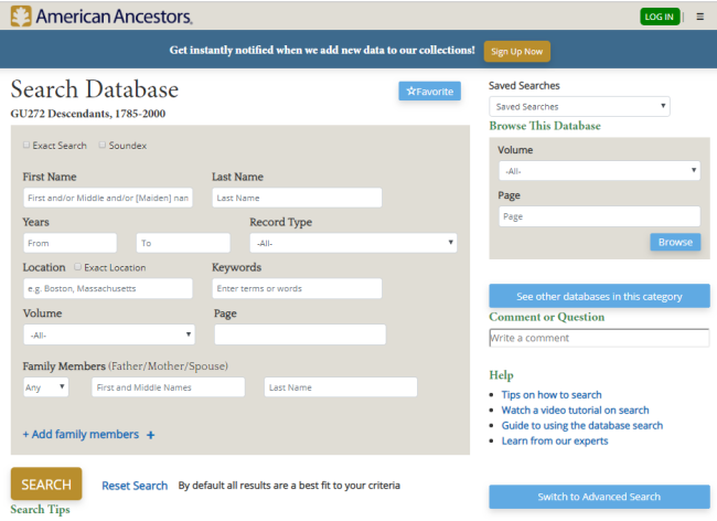 Screenshot of the search homepage for the GU272 Descendants, 1785-2000 Database available on AmericanAncestors.org