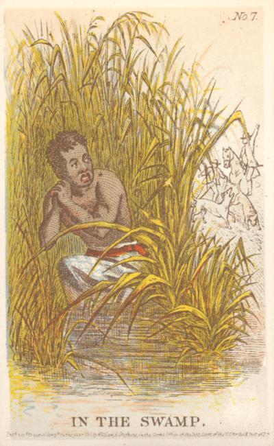 Illustration of an escaped enslaved person hiding in a swamp, circa 1863
